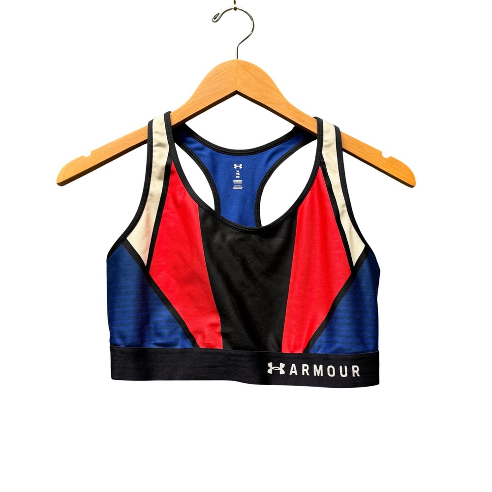 Under Armour Sports Bra Womens XL Mid Compression USA Colorblock Blue Red Gym